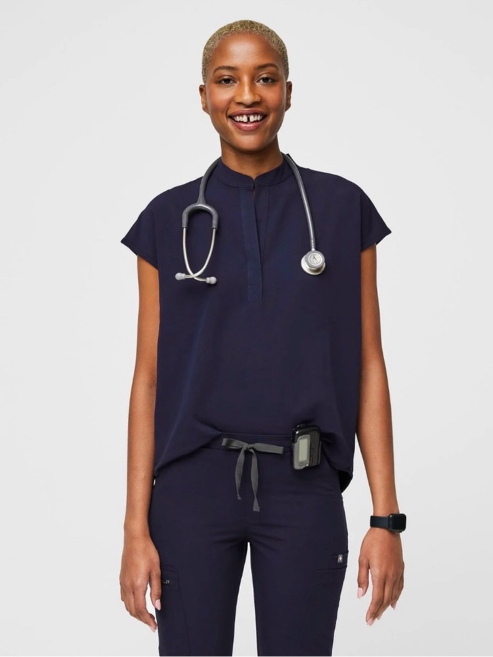 Figs Navy Short-Sleeve Mandarin Collar Top